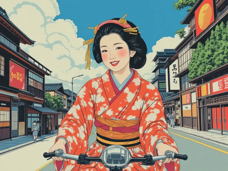 Ukiyo-e style, A smiling maiko riding a motorbike through the streets of Edo, Ukiyoe on Japanese paper, Kimono, flat color anime, ff-fbs, headshot, (upper body, half body photo).