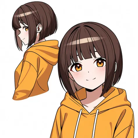 1 girl, 19yo, (smile:1.2),dark brown hair,airy bob cut,(white background), no simbol yellow orange hoodie,whole body, front side back angles view, character sheet