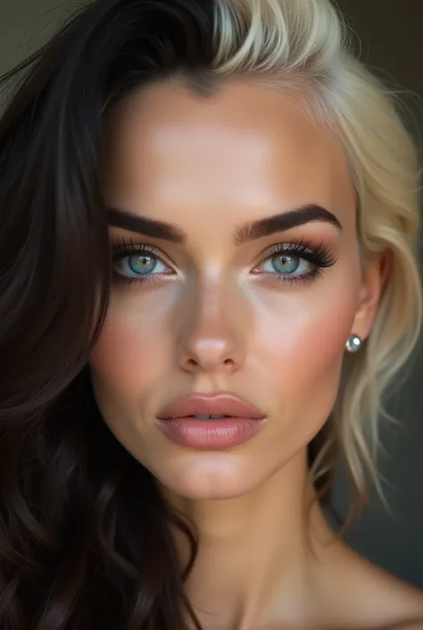 Create a hyper-realistic fusion of two women into a single, unique face. One woman has long dark hair and captivating eyes, while the other has short blonde hair and striking features. Seamlessly blend their facial features—eyes, nose, mouth, and overall s...