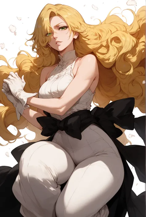 Woman, long hair, blonde, green eyes,, white pants, white blouse, royal clothes,white gloves, Hair falling over the eye, wavy hair,,Anime style,Bleach Style 