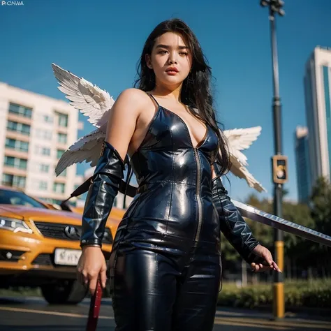 ((((bbw )))) a woman in a and outfit holding a sword, long hair, breasts, blonde hair, standing, weapon, outdoors, wings, holding weapon, armor, bodysuit, holding sword, ground vehicle, building, motor vehicle, shield, city, car, road, mecha musume, street...