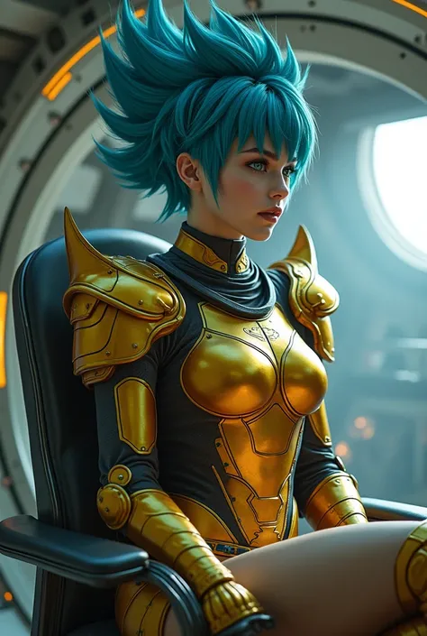 A female Saiyan in her early 20's having extraordinary beauty and a great physique with dark green eyes standing at 5 feet 7 inches, with a grown out pixie cut hairstyle looking calm and at ease wearing medieval space Saiyan armor in color of gold and sky ...