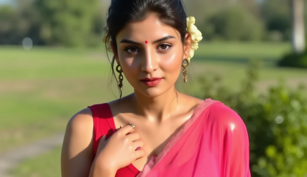 Beautiful cute wet tamanna bhatia, with thick thighs and a curvy waist,  wearing a  beautiful saree, ((lowwaist)), ((wet silky hair)), ((wet hair)), ((loose wet hair)), (( beautiful Indian dress)) , bindi on forehead, highly detailed, depth of field, cinem...