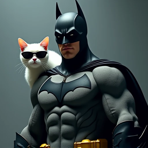   Batman decides a muscle-throbbing pose、White cat with sunglasses only on his face 