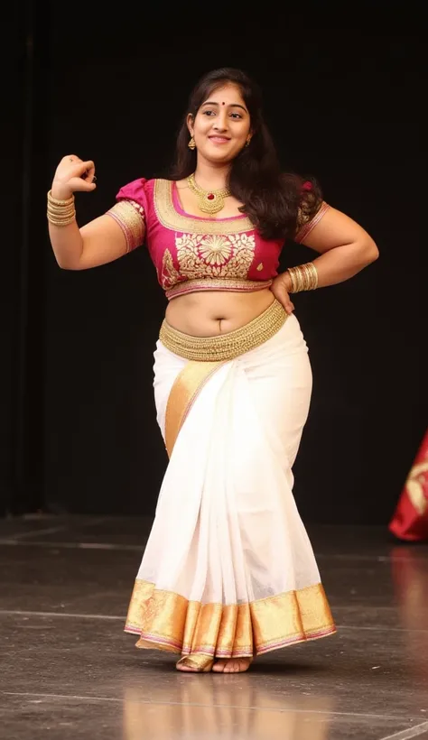 photo of kerala  mallu female reshma in a dancing on a stage in kerala.Reshma is curvy chubby shaped.reshma is average sized body. perfectly fit body figure with huge breast and indian fair skin tone and black long thick straigned hair.wearing white kerala...