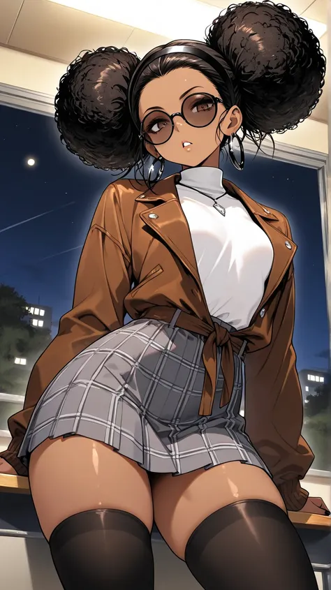 1Girl, Mature, Ebony, African American, Dark Skin, Jet Black Hair, Afro, Double Bun, Shiny Hair, Bright Brown Eyes, Black Nails, Dark Brown Eye Shadow, Medium Chest, White Turtleneck Shirt, Brown Varsity Jacket, Black Circular Glasses , Grey Plaid Skirt, B...