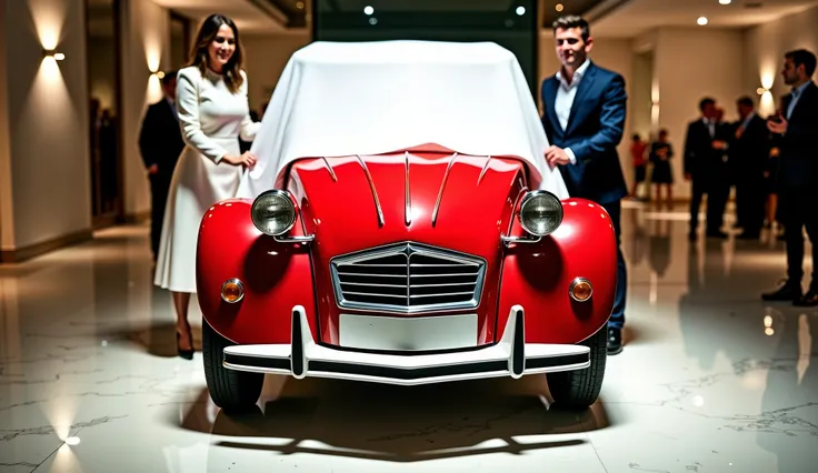 "A vintage Citroën 2CV is being unveiled for the first time in a luxurious showroom. The car is painted in a gleaming red color with clear accents that highlight its curves and classic design. The full front view of the 2CV is prominently displayed, showca...