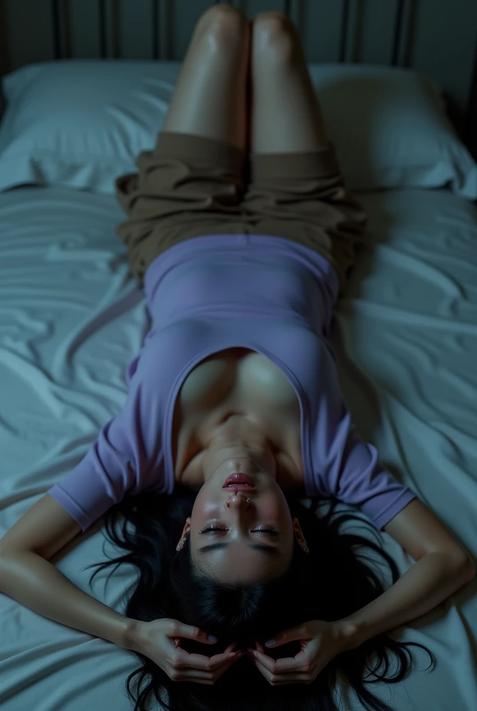 Korean woman with very big breasts lying upside down, closing her eyes, sad, crying, on a wide bed wearing a light purple crop top, brown shorts at night