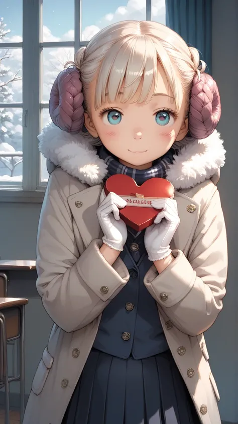  Masterpiece,  Top Quality,  high image quality,Anatomical,  detailed description ,8k, cute,winter,School,classroom,(( 1 )),baby face, small, flat body , Schoolの制服,Wool gloves, wool scarf  ,  duffle coat,Heart-shaped box,