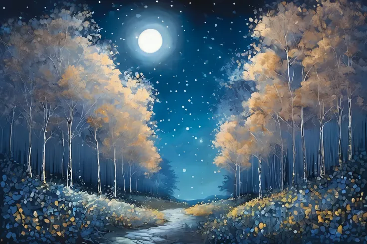 「Moonlight Forest 」
 Quiet Night、 The blue moonlight gently illuminates the entire forest。 tree々The leaves shine silver 、The light like a firefly flutters through the air。 With a transparent touch、 express a fantastic and dreamy landscape 。