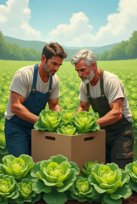 Two 30-year-old men are putting lettuce in a cardboard box while harvesting in a lettuce field、30 year old female, 1 in farm work clothes