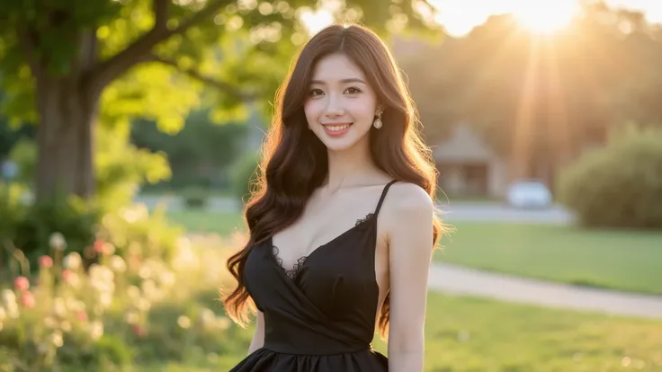  full body shot :   A stunning young woman with lush chestnut brown Hair ,  that are styled in soft waves ,  looks directly at the viewer with cheerful facial expression .   She wears a floor-length black silk panty dress with waterfall neckline and low ba...