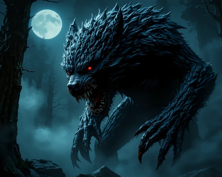 A towering, nightmarish werewolf with glowing crimson eyes emerges from the dense fog of a moonlit forest. Its jet-black fur is streaked with scars from countless battles, and its massive claws drip with fresh blood. Fangs bared in a predatory snarl, the b...