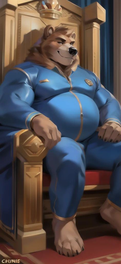  alone , Male tall , Big torso ,Sitting in the royal chair, The room is empty.,Bear Mammoth ,portrait pose, Blue Military Spacesuit,  Overweight ,  Muscle Bundle, Smirk, by chunie 