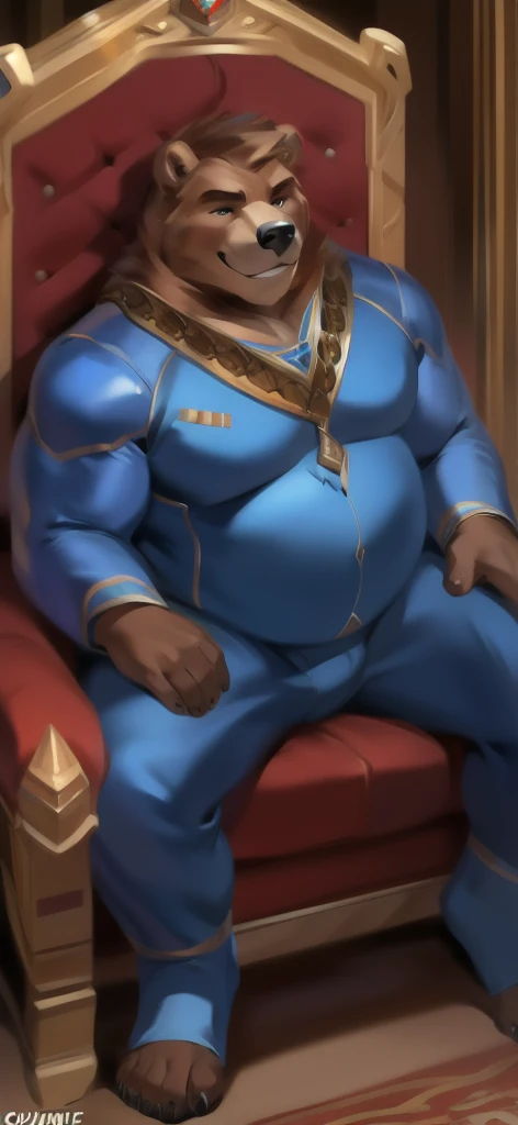  alone , Male tall , Big torso ,Sitting in the royal chair, The room is empty.,Bear Mammoth ,portrait pose, Blue Military Spacesuit,  Overweight ,  Muscle Bundle, Smirk, by chunie 