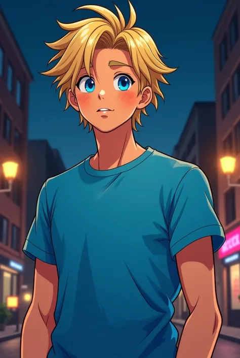 Dans une style manga 3D,  a handsome, athletic 20-year-old boy with blue eyes,  freckles, mid-length blonde hair, habillé d'un tee-shirt large bleu comme ses yeux, est très surpris  dans une rue de ville la nuit.