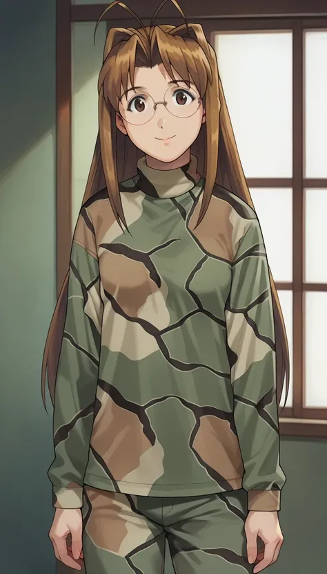 narunarusegawa, naru narusegawa, long hair, brown hair, antenna hair, brown eyes,
battle dress uniform, long sleeves, combat shirt and pants, camouflage pattern clothing, turtleneck, round glasses
indoors,
looking at viewer, smiling, centered photo