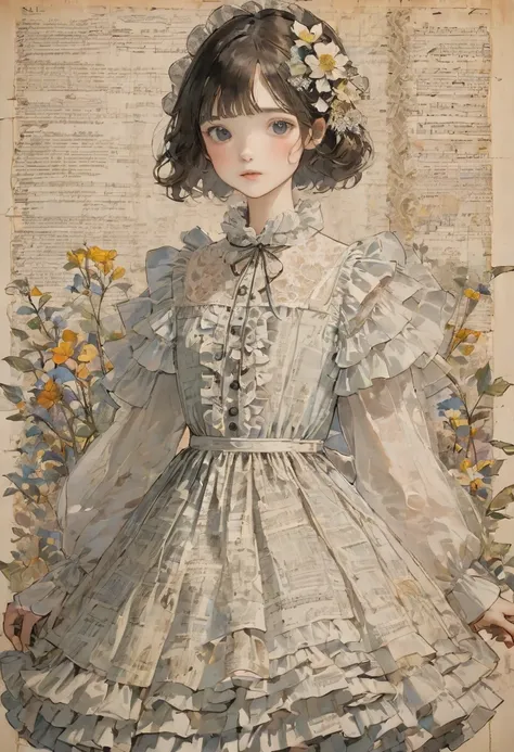  Super-Detailed Alcoholic Ink Drawing of a Gorgeous Girl 、 A Stress-Free Mixed Media Masterpiece Made with Patchwork of Vintage Manuscript Paper、Ephemera、Torn Cardboard 、 Vintage Newspaper 、 Vintage Sheet Music 、sealed、 Dress Made of Paper Ruffles and Life...