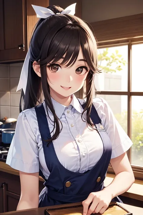 Takane Manaka, shiny brown long hair, ponytail with white ribbon, beautiful brown eyes, smiling face, sparkling pupils, (fine grain), highly detailed eyes, highly detailed face, highly detailed eyes,, (masterpiece:1.2, best quality), 1 girl, cowboy shot,, ...