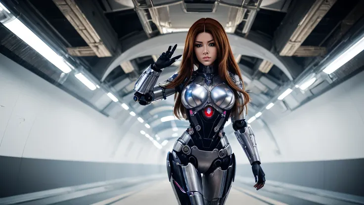   rolled up ,  detailed , 4K, human,  robot girl ,  Android face (Metal), Stahl & Titanium leather , Robot face(With human Features),  cybernetic eyes ( Hard eye circle ,  clear pupil ),  1 girl, formal,   perfect hands (5 finger), wig(),  big breasts,  Bi...