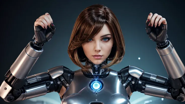   rolled up ,  detailed , 4K, human,  robot girl ,  Android face (Metal), Stahl & Titanium leather , Robot face(With human Features),  cybernetic eyes ( Hard eye circle ,  clear pupil ),  1 girl, formal,   perfect hands (5 finger), wig(),  big breasts,  Bi...