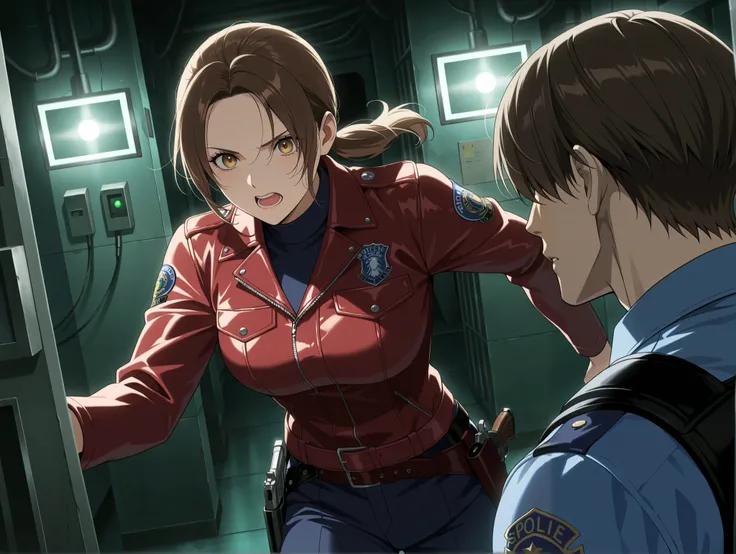 masterpiece, newest, absurdres, safe, anime screencap, 1boy, 1girl, Leon from Resident Evil \(brown hair, parted hair, police uniform, tall\), Claire from Resident Evil \(brown hair, ponytail, hair on face, red leather jacket\), running, expression of fear...