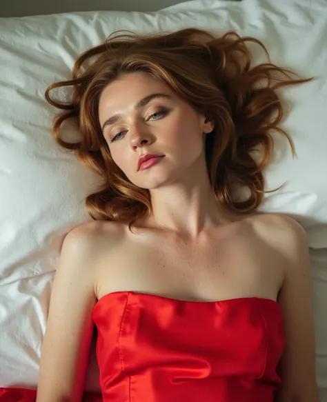 Jessica Barden, picture from above, lying limp on a bed with white sheet, red strapless dress, sleeping, closed eyes, head tilt, mouth slightly open, loose arms