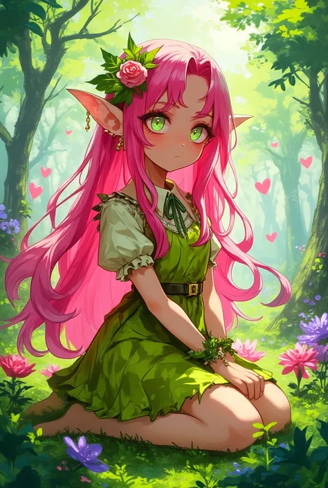 Spring elf girl with pink flowery hair