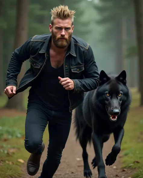 A very realistic side view of a 30-year-old handsome man running alongside a fierce black wolf. The man is fit, slim, and muscular, with blonde hair styled in a messy, out-of-bed, pop-punk hairstyle. He has piercing blue eyes and a well-groomed brown beard...