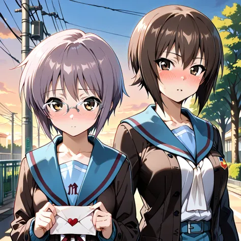 (masterpiece, best quality:1.2),,two beautiful girls,school looftop,evening,(Nagato Yuki,glasses,Give them a love letter,slightly embarrassed expression,school uniform),(Nishizumi Maho,slightly surprised expression,school uniform)