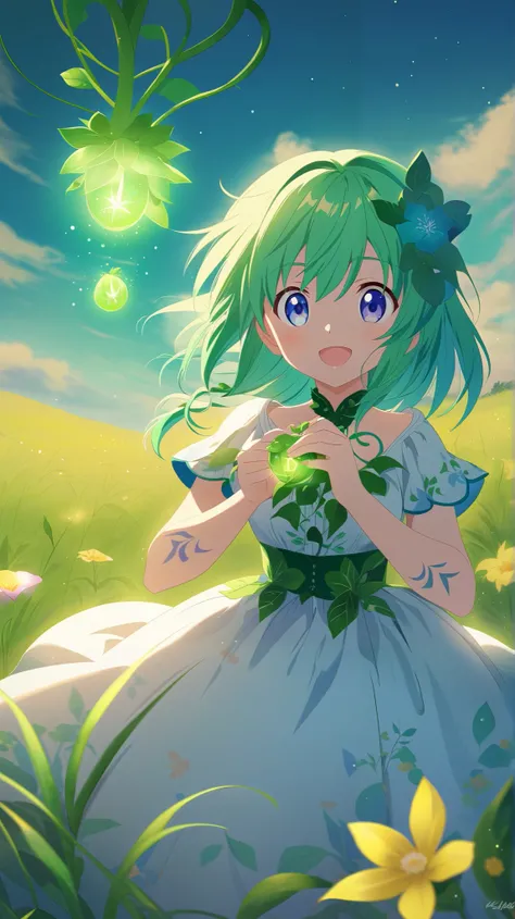 Prompt:
“A fully humanized version of Bulbasaur, transformed into a gentle and nature-loving anime-style girl. She has long, flowing green hair adorned with small flowers, and subtle vine-like patterns decorating her skin like natural tattoos. She wears an...