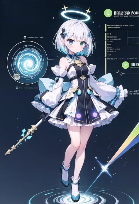 1girl, solo, masterpiece, best quality, good hands, cyber girl, silver gradient hair, light blue halo, heterochromia eyes, glowing golden data vortex, blue starmap matrix, translucent crystal hair accessory, floating data fragments, glowing particle dress,...