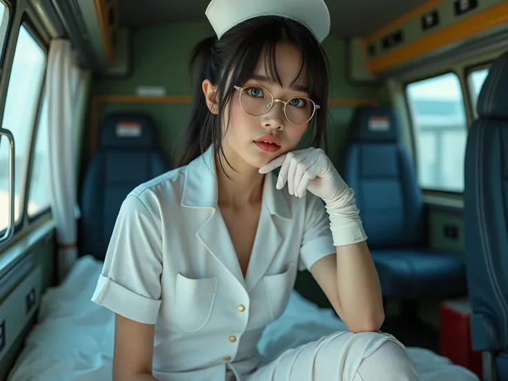 Ultrarrealistic. Ultradetailled. Fullbody photo.  Hot nurse wearing White gloves, White hot uniform, White half heeled cord shoes and stockings, blue eyes,white nurse coif, black tied hair, glasses,  ballgagged and tied into shibari pose with bandages,  in...