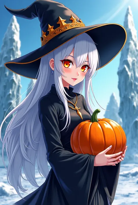 Manga character woman white hair orange eyes with witch hat and pumpkin jealous of Elsa the Snow Queen and her Shiba Inu