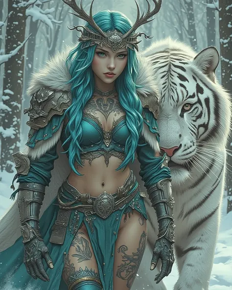 Fantasy-themed digital artwork featuring a fierce female warrior in a snowy forest. She has fair skin, piercing blue eyes, and long, wavy turquoise hair adorned with a crown of antlers. Her outfit is a detailed, teal-colored leather armor with intricate de...