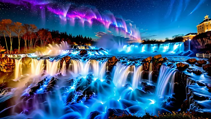A masterpiece in 32K resolution , Top Quality , very detailed, realistic expression, high-resolution 32K wallpaper , shot with a fisheye lens , The flow of many layers of waterfall , Niagara Falls , spectacular scale ,A very high waterfall ...