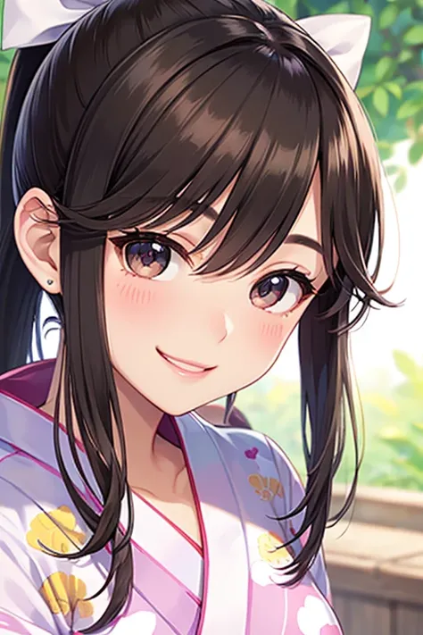 Takane Manaka, shiny brown long hair, ponytail with white ribbon, beautiful brown eyes, smiling face, sparkling pupils, (fine grain), highly detailed eyes, highly detailed face, highly detailed eyes,, (masterpiece:1.2, best quality), 1 girl, cowboy shot,, ...