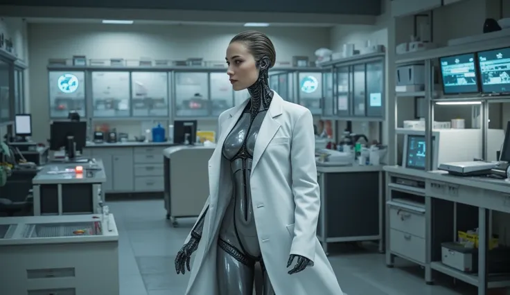 female style robot in doctor coat, fully clothed, covered breasts, Secret Laboratory, 