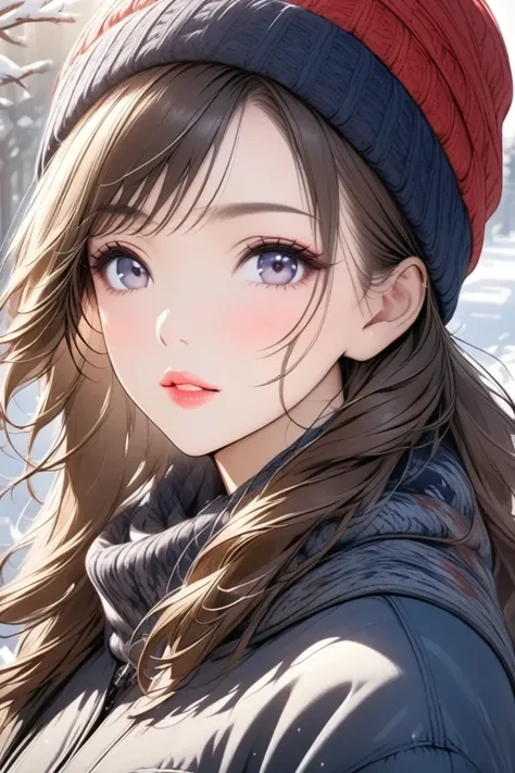 (  Top Quality)( Artistic )(  beautiful face)woman, beanie,  winter clothes,  