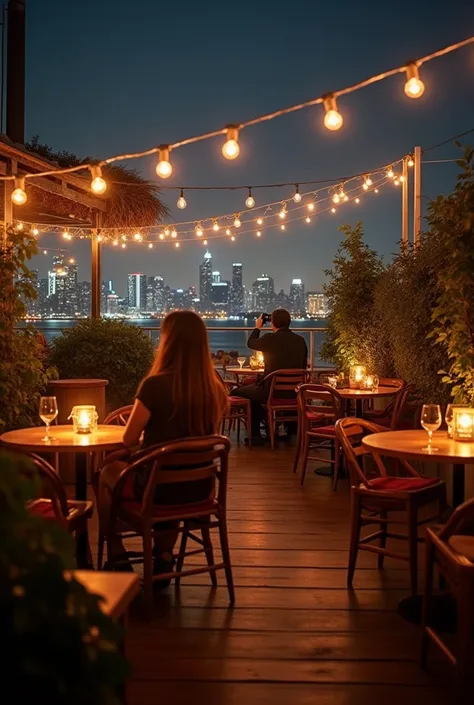 Aesthetic background of a roof top wine bar at night but uusing some warm tones from fairy lights. Photo POV taking a photo of someone so A4 size zoomed out