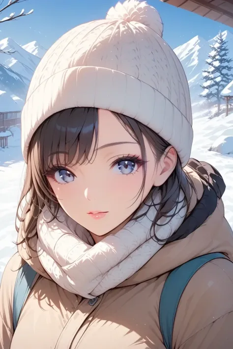 (  Top Quality)( Artistic )(  beautiful face)woman, beanie,  winter clothes,  