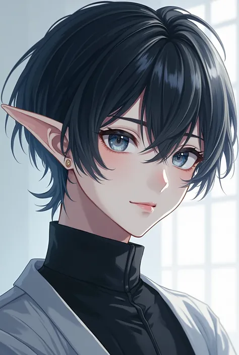 race: Elf 
Gender :  Male
Age :  17
:  short black hair,  and hair ends are white . right eye is grey, and the left eye is blue. white,  pure porcelain skin ,  and delicate beautiful facial features.  Anime style 