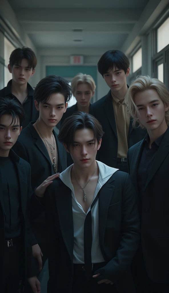 high school,7 malevolent male students wearing clothes, high resolution, masterpiece,  High detail ,  Ultra High Definition,  smooth skin,  high quality,  very detailed , Animation, 