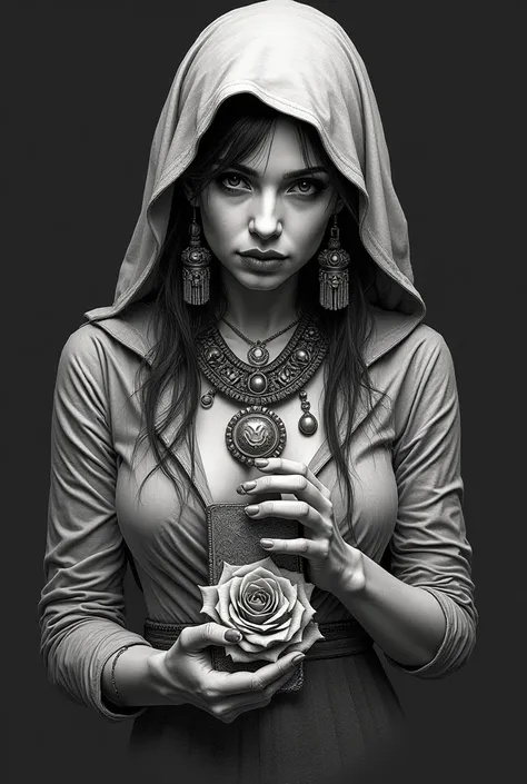  arm tattoo . No estilo black work De uma cigana,  With a cloth over her head  , jewelry on the neck and ears. With one hand holding a card. With a rose underneath it 