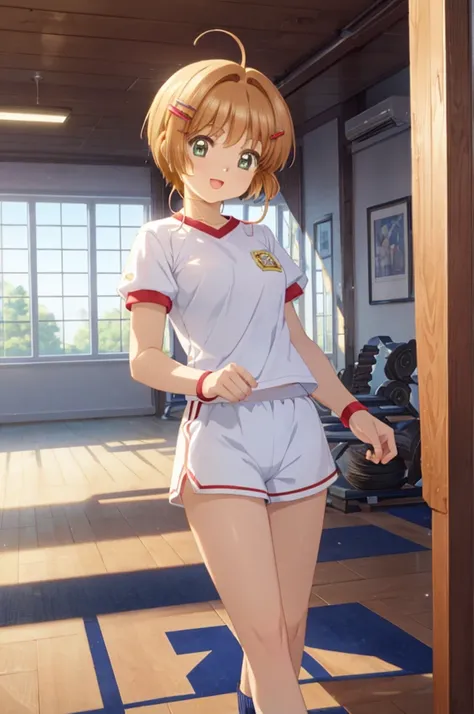 A beautiful girl in a gym uniform getting ready to do exercises, anime girl, 1girl, (20 years old girl), (aged up), Kinomoto Sakura, schoolyard, a light skinned girl, ponytail, hairclip, hair ribbon, earrings, open mouth, smile, blush, glossy lips, big bre...