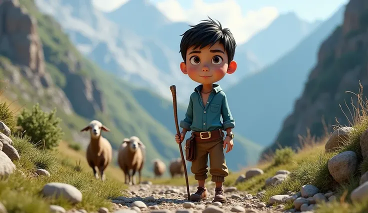 Shepherd Boy in the Mountains **  
   " An 18-year-old cowboy, with dark brown eyes and dark black hair, stands on a rocky mountain path. She is wearing a blue clerky pants shirt and holding a stick in her hand. The landscape around him is uneven and dange...