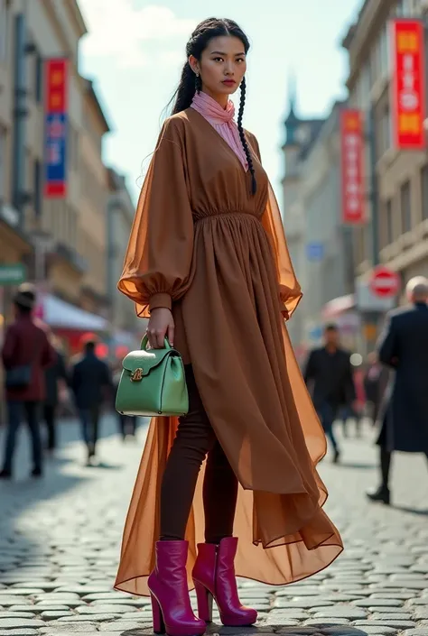 A escimos woman with long braided hair, one shoulder over oversize, very wide brown organza dress, pink chiffon kerchief, thick brown tights, fuchsia platform heels, pistachio wide handbag in Berlin