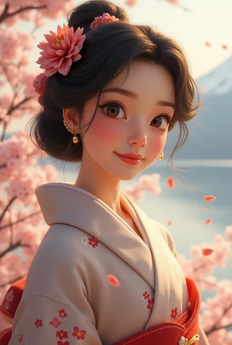 Please give me an image of Snow White's beautiful expression wearing a kimono during her trip to Japan