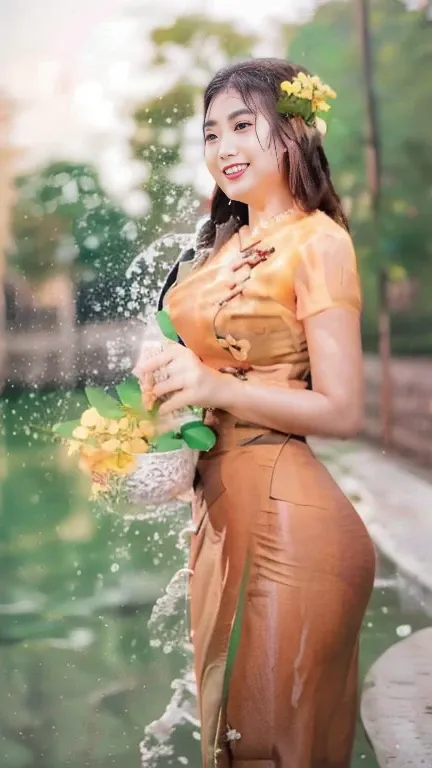 A beautiful Burmese woman,    Blue 💙 dress wet and looking at the photographer.  Those who play in the water with her are smiling happily. Everyone wants to love her body because of her beautiful body.  Curvy body beauty, high hips.  Wet, water-soaked clot...