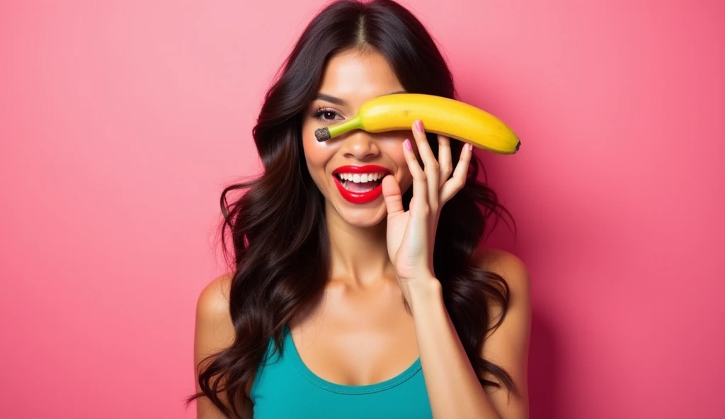 Young woman, long dark wavy hair, bright red lipstick, teal tank top, holding yellow banana over eye, playful expression, pink background, studio lighting, vibrant colors, fashion portrait, fun and quirky, summer vibe, pop art style, high contrast, commerc...